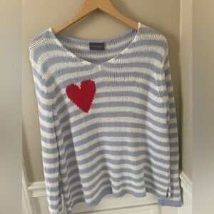 Wooden Ships Blue and White Striped V-Neck Sweater with Red Heart